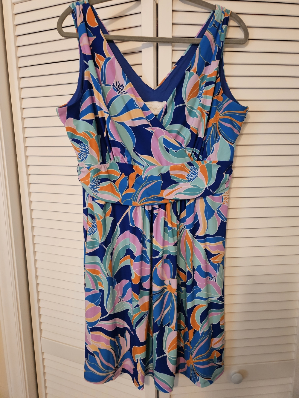Pappagallo Floral V-Neck Sleeveless Dress in Navy, Mint, Pink & Orange